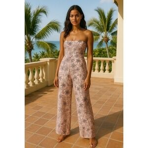 ASTR THE LABEL Pink Tropical Print Strapless Wide Leg Jumpsuit Size L